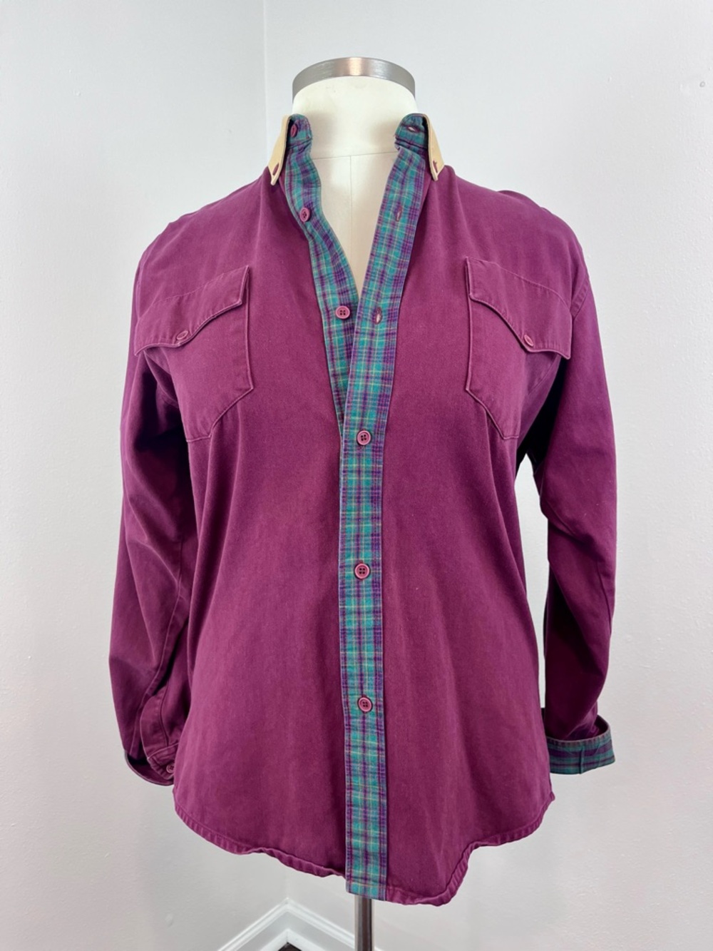 VTG 1990s Burgundy Button-Down Long Sleeve Shirt with Plaid Trim